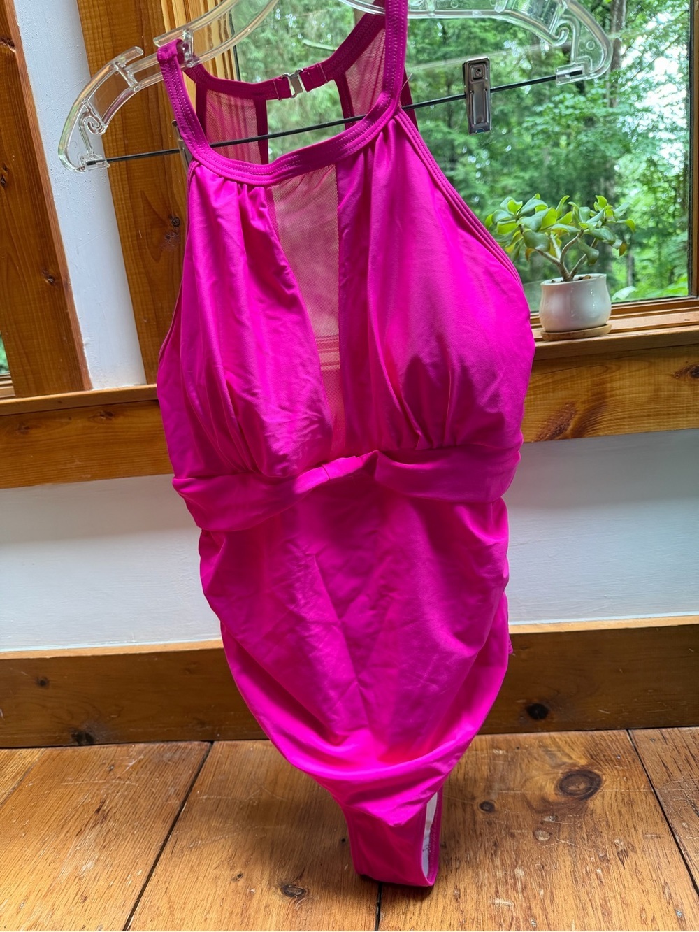 Tempt me hot pink one piece bathing suit high mesh v neck size XL - Picture 3 of 11